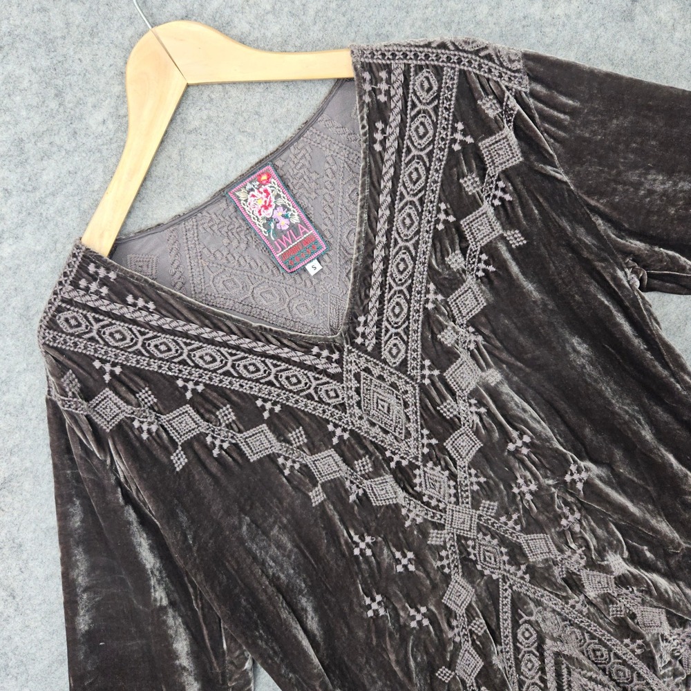 JWLA Johnny Was Womens Brown Tunic Top Size S Rayon/Silk Velvet Embroidered Boho